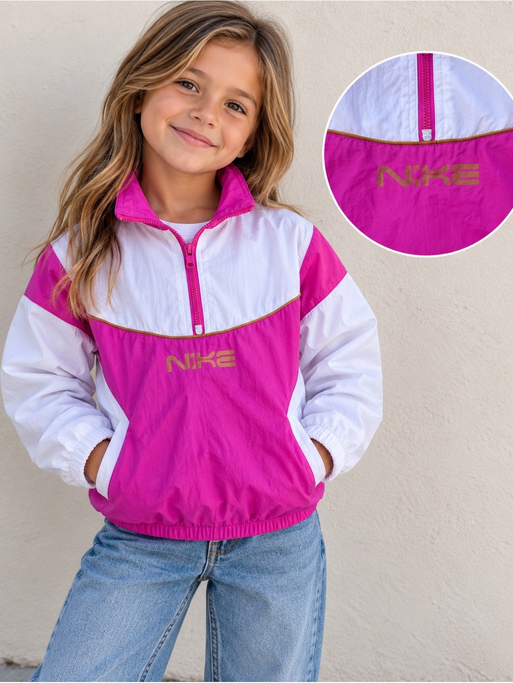 Nike Kids White and Fuchsia Colorblock windbreaker Jacket